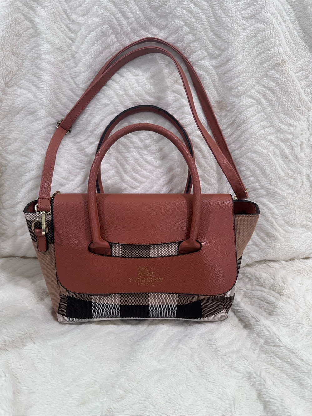 Burberry Brown Leather & Check Satchel with Top Handles - Picture 14 of 15